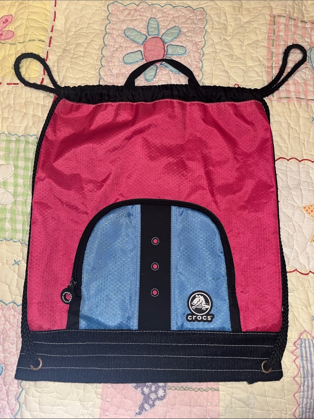 CROCS Pink and Light Blue Drawstring Backpack with Black Trim